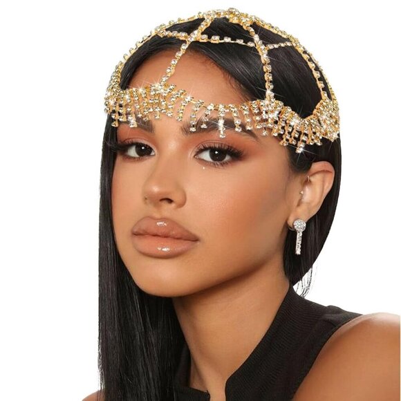 1920s Rhinestone Mesh Cap Gold Headchain Brides Prom Costume Hair Accessory main image 6